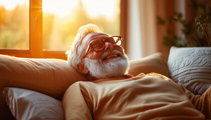 A content elderly man with a full gray beard and glasses lays back, basking in the warm sunlight
