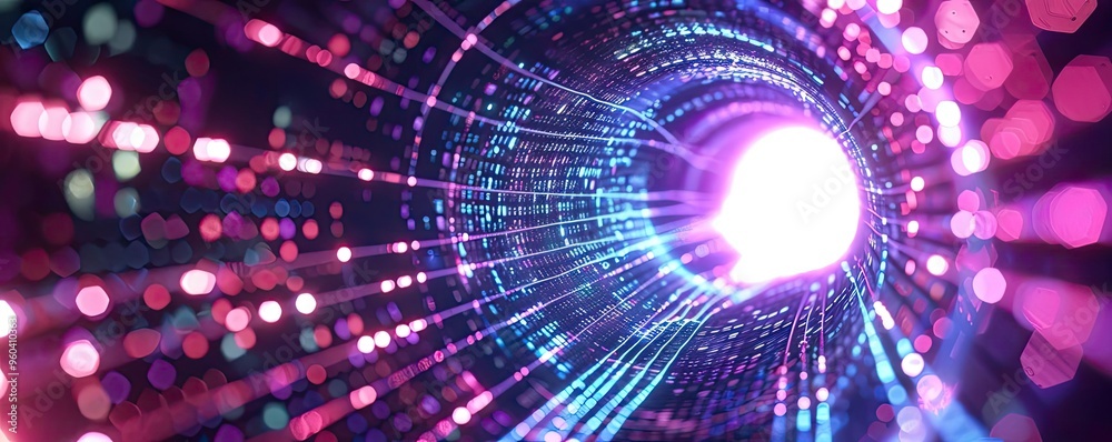 Poster a vibrant and dynamic abstract tunnel of light, showcasing colorful beams and particles in motion, e