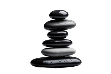 Black stones balancing atop each other, isolated against a transparent background, grayscale palette, shadow casting to suggest weight, minimalistic design, ultra clear