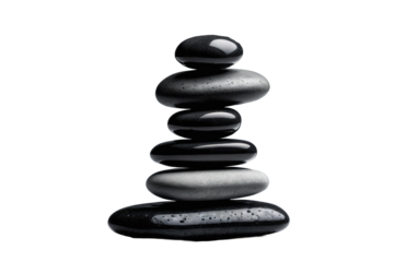 Black stones balancing atop each other, isolated against a transparent background, grayscale palette, shadow casting to suggest weight, minimalistic design, ultra clear