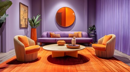 Harmonious Lilac and Orange Living Room with Minimalist Design A Serene and Stylish Interior Featuring a Vibrant Color Scheme and Elegant Decor