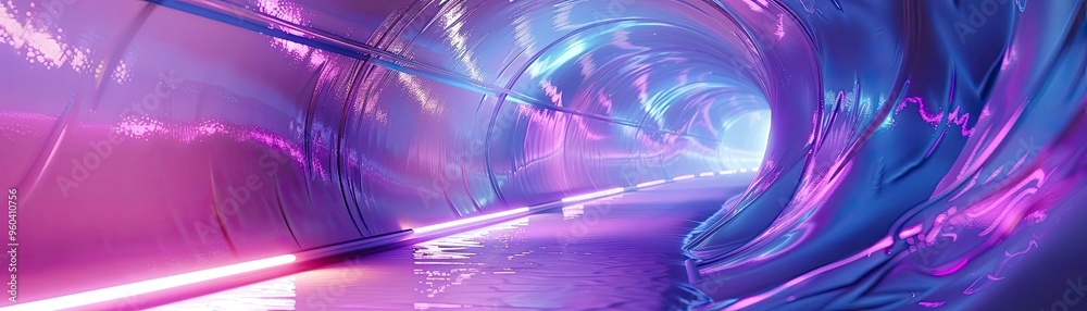 Poster A futuristic tunnel illuminated with vibrant purple and blue lights, creating a mesmerizing atmosphere of depth and movement.