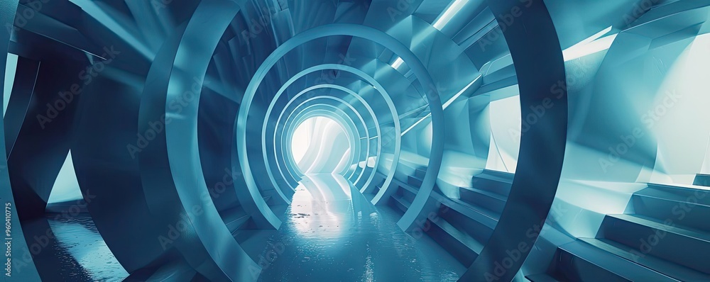Poster futuristic tunnel with glowing light and abstract shapes, evoking a sense of exploration and innovat