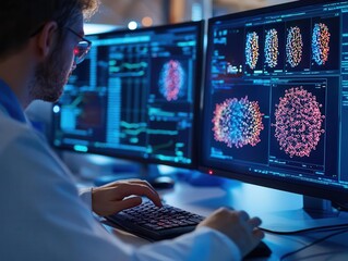 Biotech researcher using advanced computer software to design synthetic biological materials