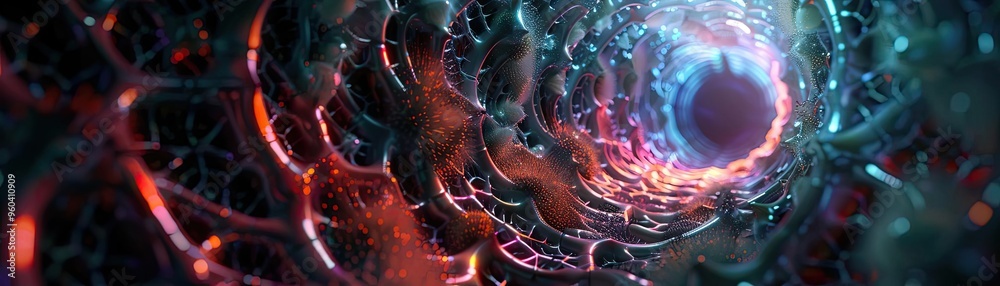 Poster Abstract view of a vibrant, dynamic tunnel showcasing intricate patterns and glowing particles in a futuristic environment.