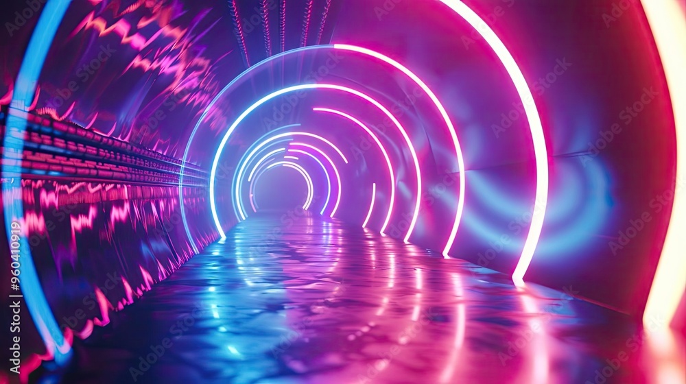 Poster A vibrant neon tunnel with luminous lights creating a dynamic ambiance, perfect for futuristic and abstract themes.