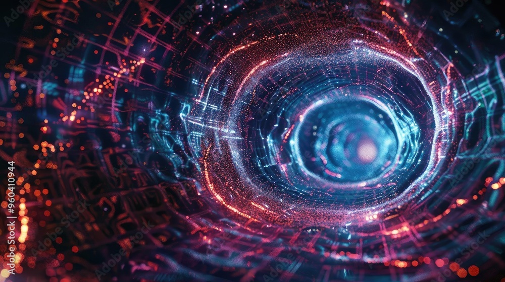 Poster abstract digital tunnel with vibrant neon colors, creating a sense of depth and technology. futurist