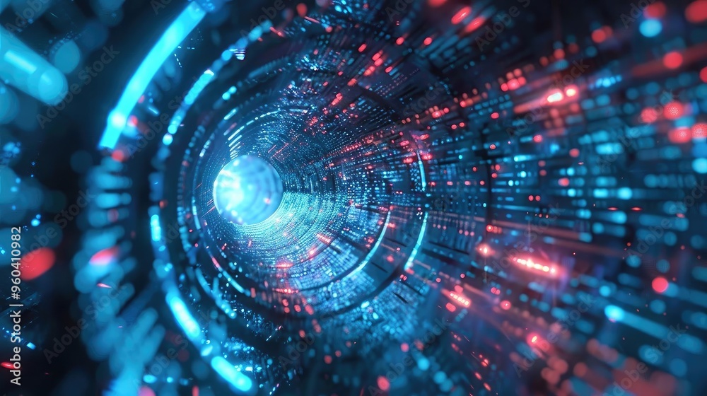 Poster Vibrant digital tunnel showcasing dynamic lights and data patterns, ideal for technology and futuristic themes.