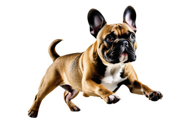 Obraz premium French Bulldog captured mid-jump, front paws elegantly positioned, centered and isolated against a pure white backdrop, motion blur emphasizing the action, frozen in time