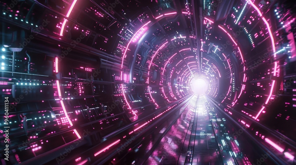 Poster A futuristic tunnel illuminated by vibrant neon lights, creating an immersive and dynamic visual experience.