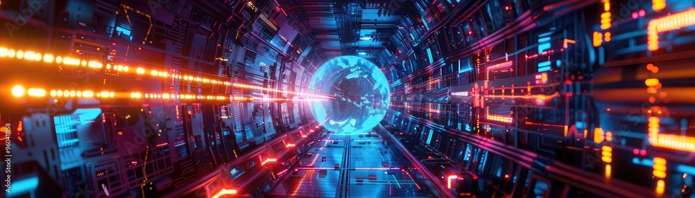 Poster futuristic sci-fi tunnel with glowing lights and an energy sphere, evoking a sense of speed and adva