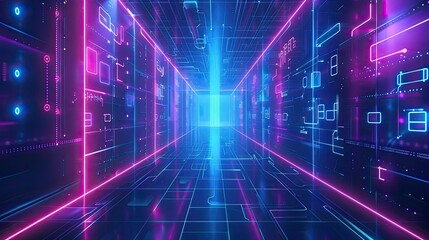 A futuristic corridor illuminated by vibrant neon lights, showcasing a blend of technology and imagination in a digital landscape.