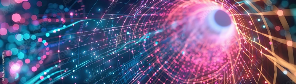 Poster a vibrant and dynamic abstract representation of swirling light trails and energy patterns, conveyin