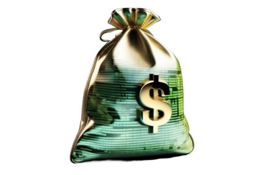Money bag marked with "$" symbols, isolated, floating gracefully against a transparency background, capturing reflections on the glossy surface, high-resolution