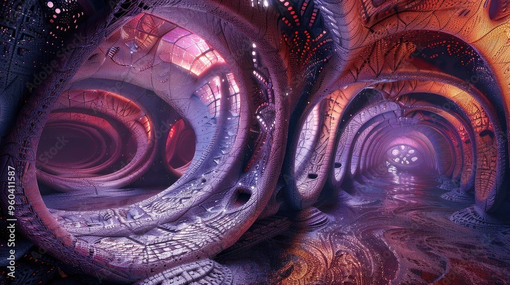Poster a vibrant and surreal interior space featuring intricate patterns and glowing elements, evoking a se