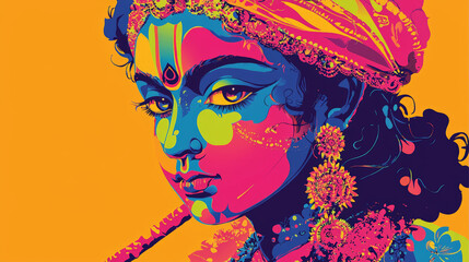 Naklejka premium Vibrant pop art depiction of figure with bold colors and intricate details, showcasing modern interpretation of traditional elements.