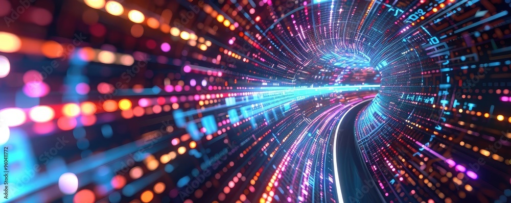 Poster a vibrant tunnel of light and colors, representing speed and digital connection in a futuristic envi
