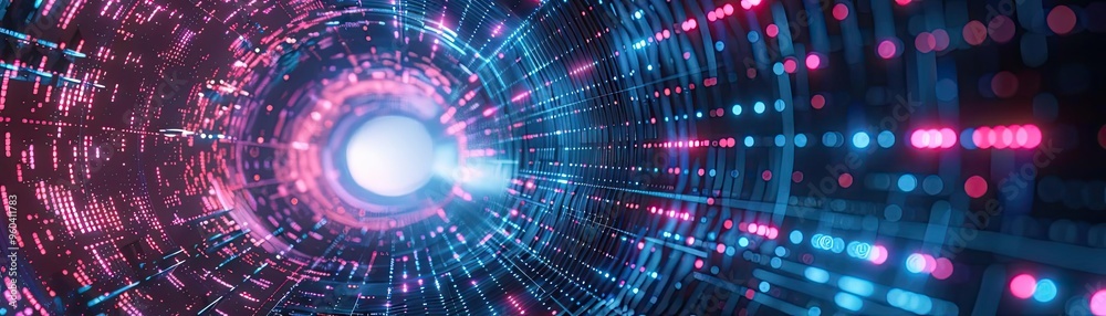 Poster futuristic digital tunnel with vibrant colors and light patterns, showcasing a blend of technology a