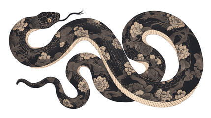 Obraz premium Black snake with a detailed floral motif skin ornament. Isolated cut out illustration for Chinese New Year 2025 greeting card