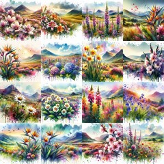 Naklejka premium watercolor flowers and mountains drawing style floral background. AI generated illustration