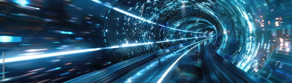 Poster futuristic tunnel with light trails, symbolizing speed and technology. a dynamic visual for digital 