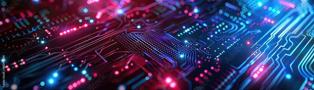 Poster a vibrant close-up of a futuristic circuit board with glowing lights and intricate details, represen