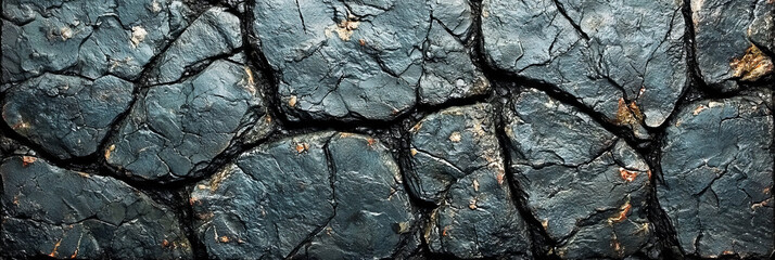 Fototapeta premium Close-up of a dark, cracked stone surface, showcasing intricate patterns and textures.