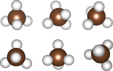 3D methane molecule model in different angle orientation, atoms in ch4 molecule clipart, illustration for greenhouse gas, GHG, alkane, chemistry, education, simulation, environment, carbon footprint