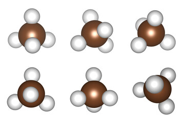 3D methane molecule model in different angle orientation, atoms in ch4 molecule clipart, illustration for greenhouse gas, GHG, alkane, chemistry, education, simulation, environment, carbon neutrality,