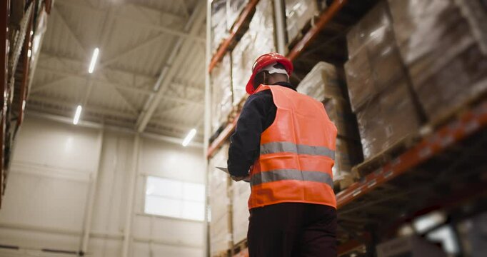 Warehouse worker in safety vest and hard hat inspecting inventory on shelves from a low angle back view, demonstrating organization and efficiency in logistics and supply chain management.