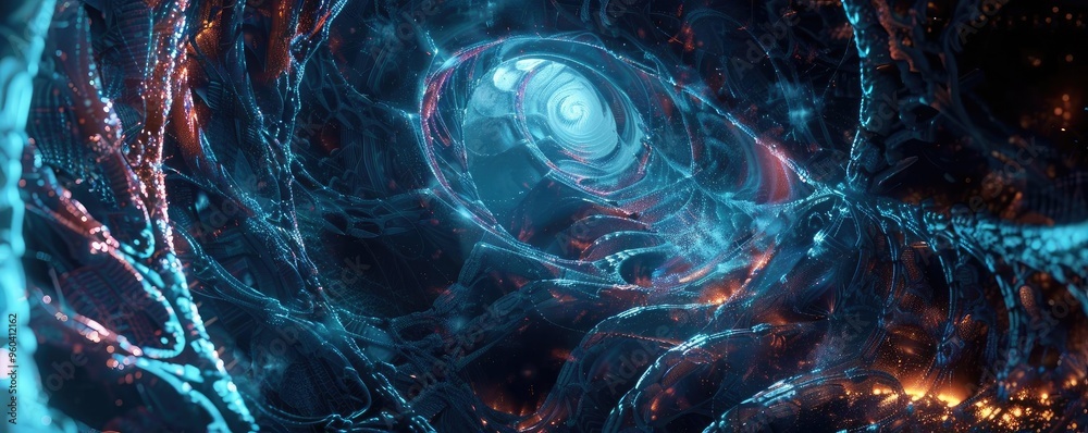 Poster futuristic digital landscape with glowing structures and intricate details, perfect for technology a