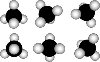 CH4 molecule model in different angle orientation, 3d drawing of methane, greenhouse gas, alkane, chemistry, science, education, simulation, environment, carbon footprint, quantum chemistry, industry