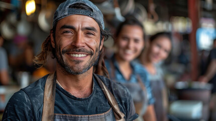 Fototapeta premium Craftsman smiling proudly in a busy workshop with team members engaged in creative tasks during the day. Generative AI