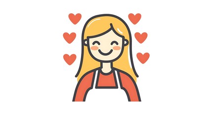 Happy Woman Cooking in Kitchen - Simple Line Art Icon with Blonde Hair, Apron, and Love Hearts, Clipart Style on White Background
