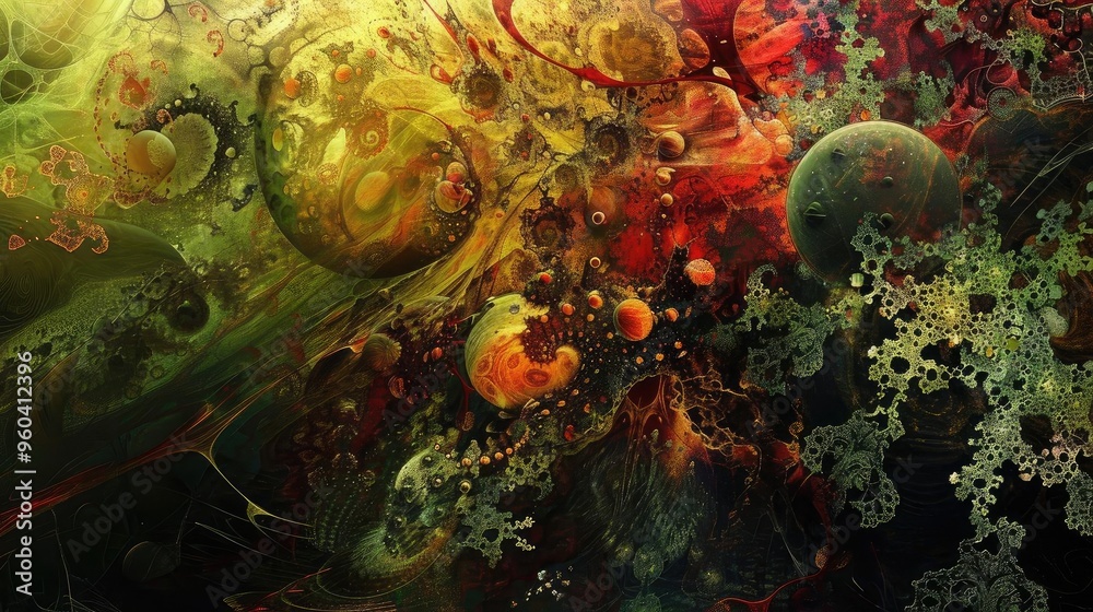 Poster a vibrant abstract art piece showcasing cosmic swirls and intricate patterns, evoking a sense of mys