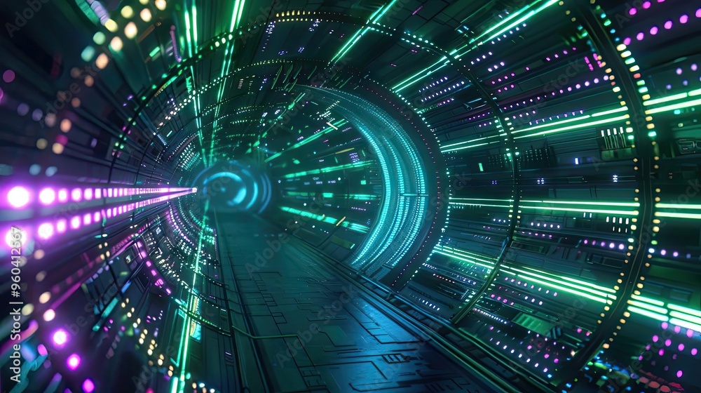 Poster a vibrant, futuristic tunnel illuminated with colorful lights, conveying a sense of movement and adv