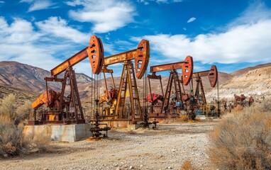 Obraz premium A row of oil pumps in a desert landscape, showcasing industrial extraction of petroleum resources.