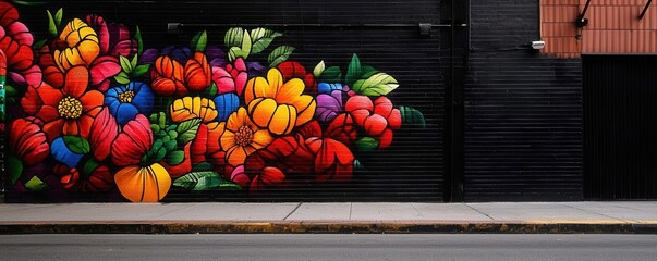 Vibrant street mural featuring colorful flowers against a dark background, adding beauty to urban life and creativity to the environment.