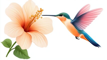 Enchanting Clip Art of Vibrant Hummingbird Hovering Near Colorful Flower with Blurred Wings