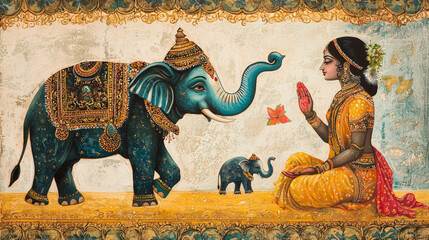 Fototapeta premium A woman in traditional attire interacts with decorative elephants, showcasing vibrant cultural scene. artwork reflects joy and reverence.