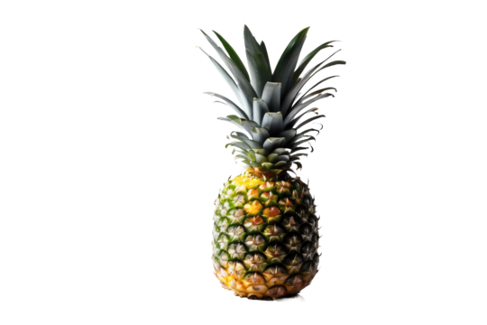 Pineapple standing tall in full body profile, crisp edges sharply delineated against a pristine white background, depth of field focused on its textured skin, casting a soft subtle shadow