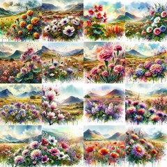 watercolor flowers and mountains drawing style floral background. AI generated illustration