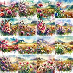 watercolor flowers and mountains drawing style floral background. AI generated illustration