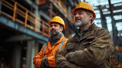 Fototapeta premium Collaboration of Businessman and Engineer at Construction Site with Steel Beams and Workers in Background