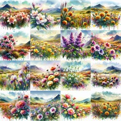 Naklejka premium watercolor flowers and mountains drawing style floral background. AI generated illustration