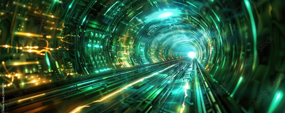 Poster a futuristic tunnel with vibrant lights and glowing patterns, depicting a journey through time and s