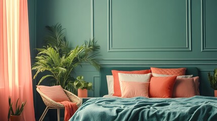 Peaceful teal and coral bedroom interior with modern minimalist design and cozy home decor elements creating a serene and inviting ambiance