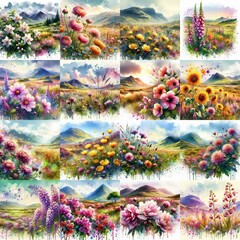 watercolor flowers and mountains drawing style floral background. AI generated illustration