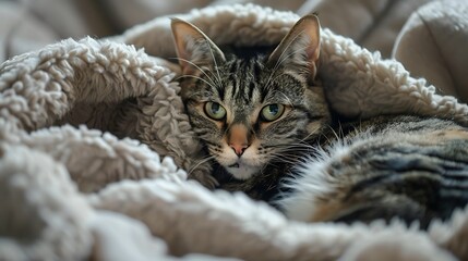 Obraz premium Cat portrait curled up on a soft blanket