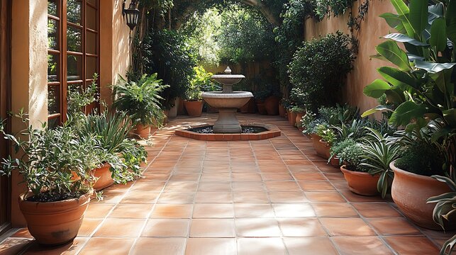 Mediterranean patio with rustic terracotta tiles, lush greenery framing the scene, olive trees casting soft shadows over a serene stone water fountain, warm sunlight glowing on the pavers,